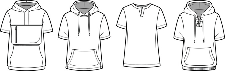 Fashion illustration, hooded shirt styles, short sleeves, zipper and lace neckline, kangaroo pocket design, garment sketch, apparel concept, template art