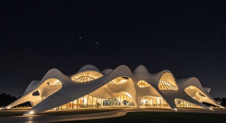 Illuminated, modern architectural structure with unique, undulating roof design at night.