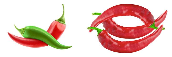Vibrant Red and Green Chili Peppers: Fresh, Spicy, and Isolated on Black Background