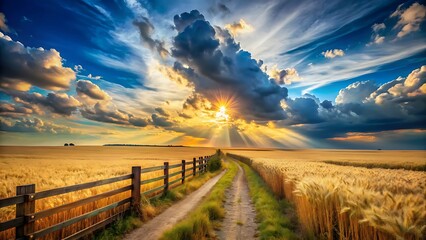 A dirt path leads through a golden wheat field under a dramatic cloudy sky