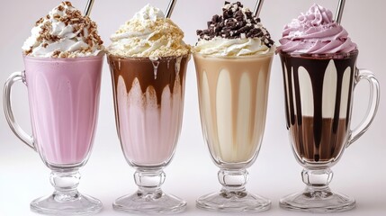 Four Colorful Milkshakes in Elegant Glasses with Toppings and Whipped Cream