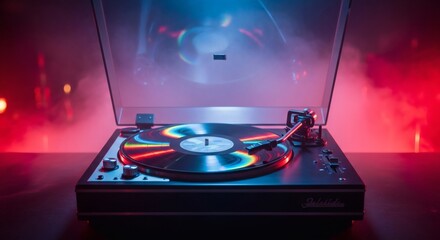 Vibrant retro turntable spins colorful vinyl under moody neon lights, evoking nostalgia and music passion