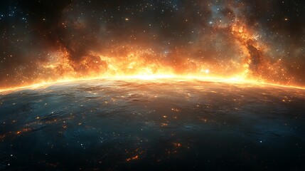 Fototapeta premium Fiery flames engulf a planet from space.