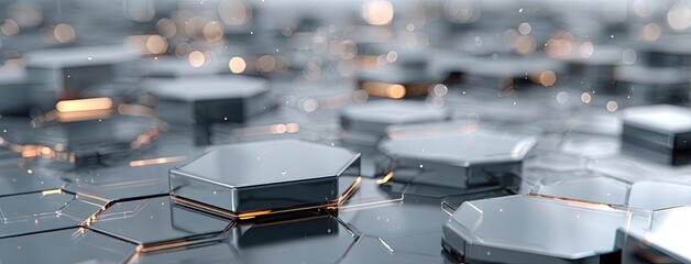 Fototapeta premium Blue hexagons and blurred bokeh lights form a modern backdrop perfect for tech, science, or medical presentations