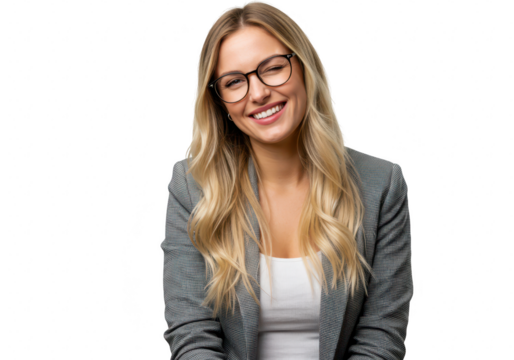 Smiling woman with glasses and blonde hair isolated on transparent background