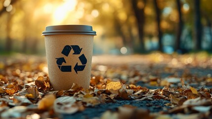 Eco-friendly paper cup standing on fallen autumn leaves