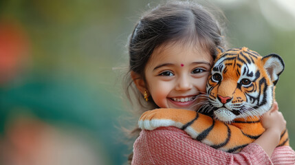 Smiling joyful little indian girl hugging toy tiger cub on blurred background of green park, indian independence day, august 15, national symbol of the country, small animal, India