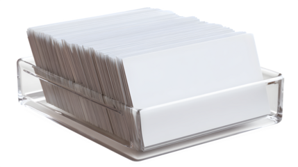 Stack of blank business cards in acrylic holder, isolated on transparent background