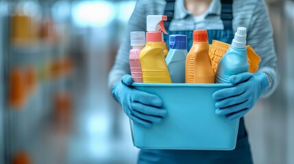 Janitor holding cleaning bucket spray bottles rubber gloves corridor service