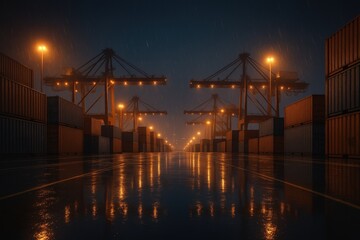 Fototapeta premium Port at Night: A mesmerizing nocturnal view of a bustling port, illuminated by the warm glow of lamplight and the reflection of containers on the wet ground.