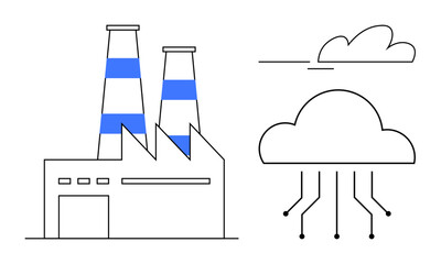 Factory with chimneys and cloud symbol with digital lines extending. Ideal for technology, automation, smart industry, IoT, innovation, connectivity, production. Simple flat metaphor