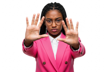 A woman in a pink blazer holds up her hands in a stop gesture isolated on white isolated on transparent background