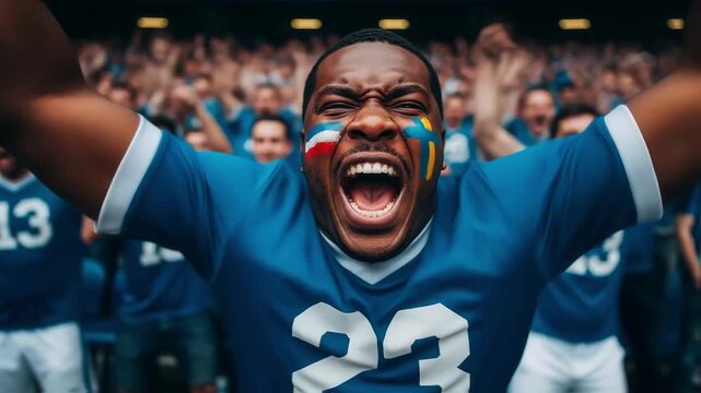 An ecstatic sports fan with face paint screams in support of his team in a crowded stadium, a powerful image of passion, loyalty, and the excitement of a championship game