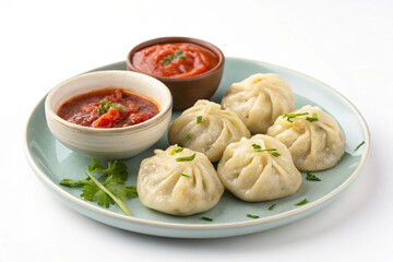 Traditional dumpling momos food from Nepal served with tomato chutney in plate isolated.