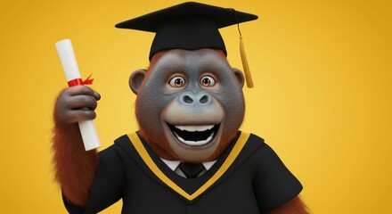 A cartoon orangutan graduate holding a diploma, wearing a graduation gown and cap, against a yellow background.