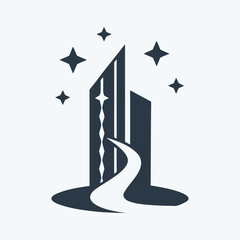 Dark blue abstract skyscraper with flowing path and stars on white background architecture