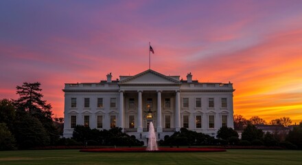 Naklejka premium The White House at sunset, showcasing the iconic building and fountain.