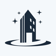 Dark blue building silhouette with sparkling stars and circular base on white background architecture