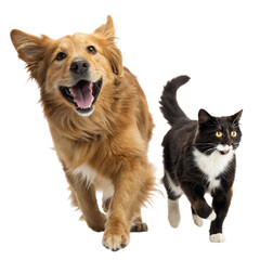 Happy golden retriever dog and black and white cat running together isolated on transparent background