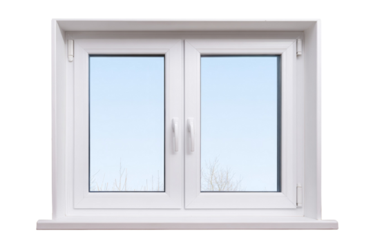 A white window with two panes of glass and a clear pane in the middle