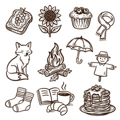 Autumn vector set with cozy hand-drawn icons doodle: fox, scarf, pancakes, socks, bonfire, muffin, sunflower, scarecrow, umbrella, toast, book, coffee, and croissant. Perfect for fall designs
