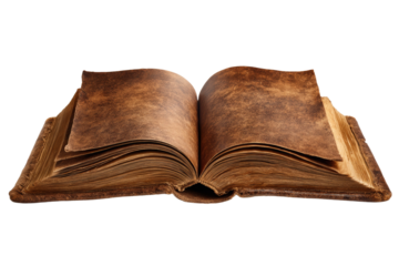 A leather bound book is open to a page with a white background