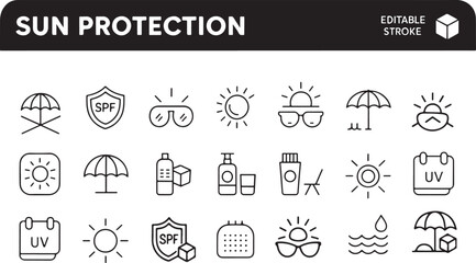 Sun Protection and Summer Safety Line Icon Set