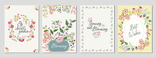 Premade poster flyer card design backgrounds with whimsical fantasy fairytale floral compositions for kids, party, children products.