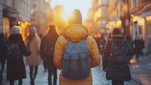 Person with a backpack walking in a city street at sunset.