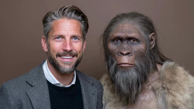 Animation showing a modern man next to a realistic reconstruction of a prehistoric ancestor, a concept representing human evolution, anthropology, and history