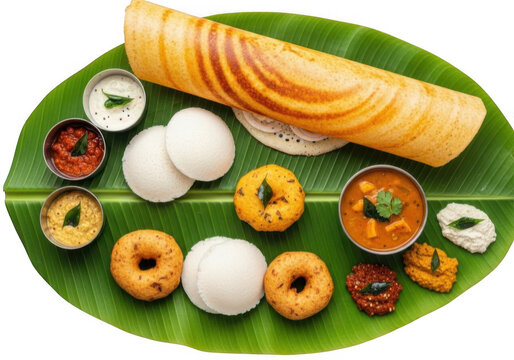 South indian breakfast platter with dosa and idli isolated on transparent background