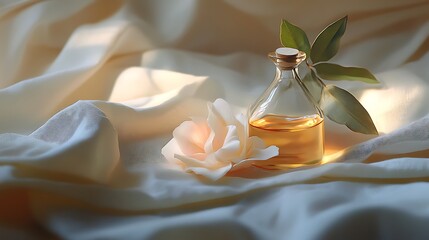 Sage oil with soft lighting and shadow play on fabric base