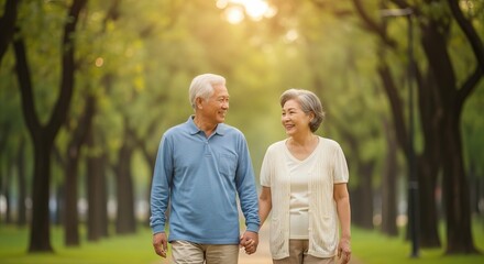 Senior asian couple walking holding hands in park enjoying retirement lifestyle and happy relationship together