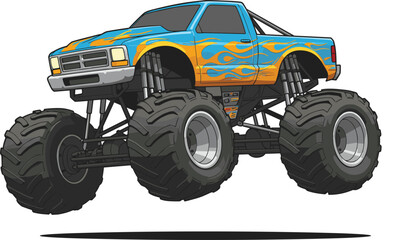 Vibrant monster truck with flame design, lifted suspension, large tires, off-road racing vehicle, dynamic illustration, rugged terrain, extreme motorsport style © MD. NUR ISLAM