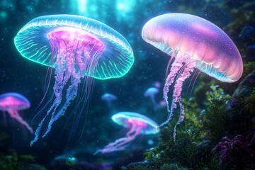 Glowing jellyfish in vibrant underwater scene with luminescent tentacles