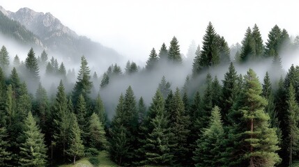 Fototapeta premium Silhouettes of towering pine trees rise against misty mountains, enveloped in soft lighting, evoking a tranquil forest ambiance