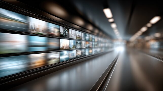 Dynamic motion blur simulates rapid exploration of various streaming services and digital content in a dark, cosmic environment