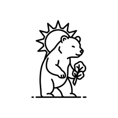 Standing bear holding a clover with sun behind it in a line drawing style illustration art