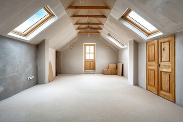 Fototapeta premium Spacious unfurnished attic with skylights and wooden doors