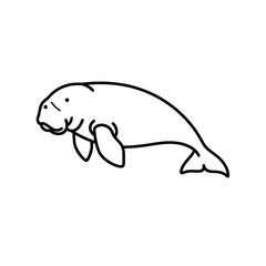 Drawing of a manatee with a rounded body flippers and a tail swimming in a serene and peaceful manner