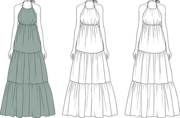 Halter-neck maxi dress design, muted green color, tiered skirt, fashion illustration, gathered waist, back view, front view, elegant styling, sketch