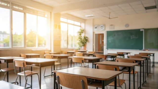 Sunlight streaming into an empty modern classroom &mdash; peaceful learning environment concept
