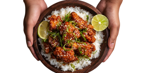 Darkskinned hands holding a wooden bowl of Korean fried chicken with rice, garnished with lime and scallions Concept of delicious Asian cuisine and comfort food