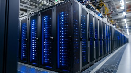 Rows of server cabinets illuminated with blue lights.