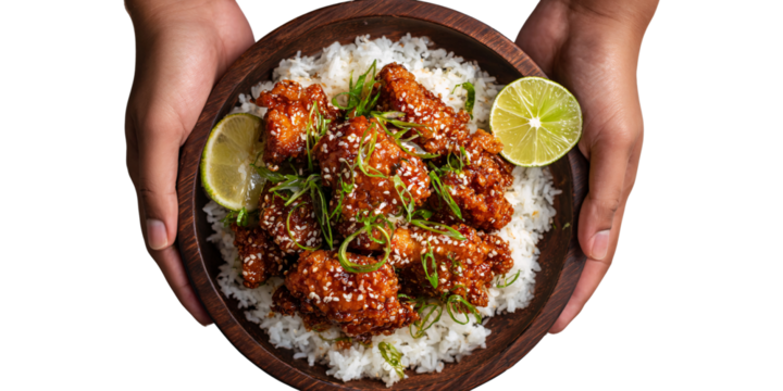 Darkskinned hands holding a wooden bowl of Korean fried chicken with rice, garnished with lime and scallions Concept of delicious Asian cuisine and comfort food - Powered by Adobe