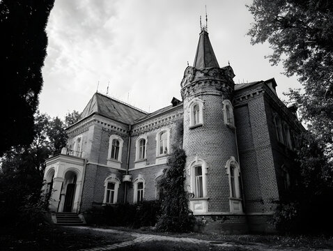 The Hunting Castle at Manuc Bei mansion, an architectural, culture and historic complex, Hincesti city, Moldova. Old brick building, black and white photo. Halloween haunted house concept, ghost home.