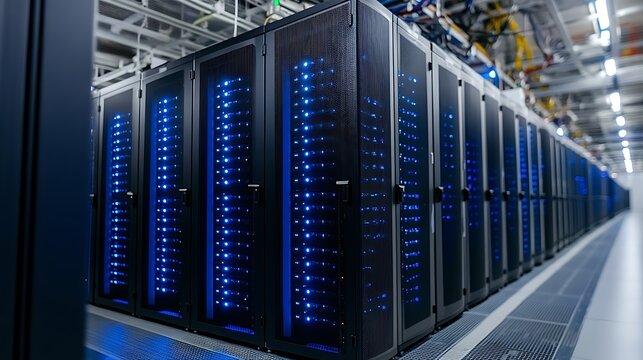 Rows of server cabinets illuminated with blue lights.