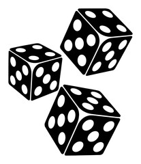 Black dice with white pips arranged in a scattered pattern gambling game