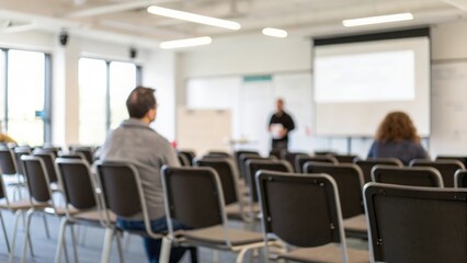 Clean rows of chairs and whiteboard &mdash; training session preparation concept

