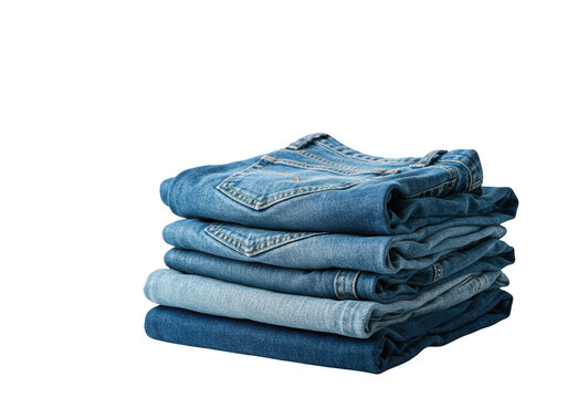 A stack of folded blue denim jeans isolated on transparent background